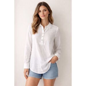Antibes Blanc White Linen Tunic Blouse Womens Small Button Front